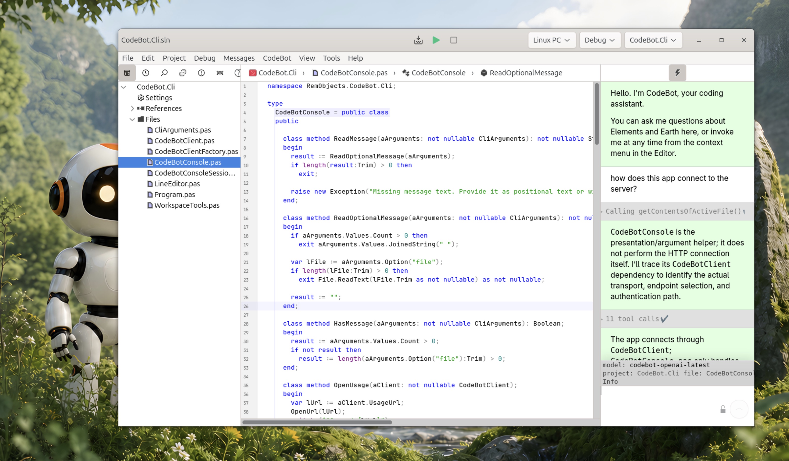 Earth running an Oxygene project with CodeBot open alongside the editor