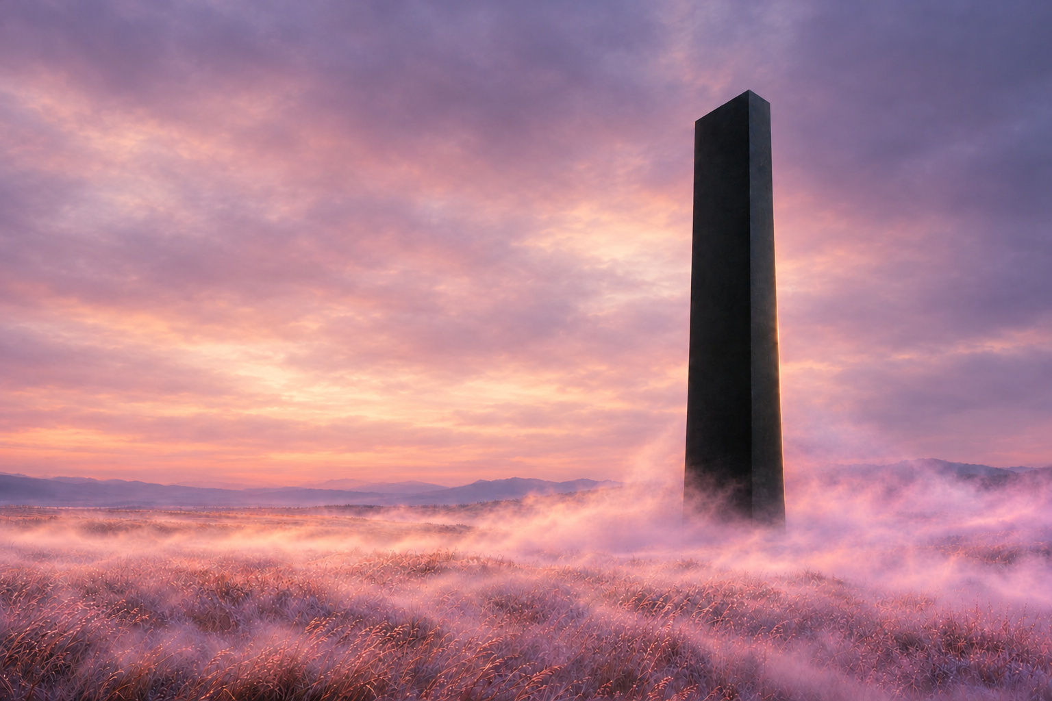 A dark monolith rising through lavender mist beneath a rose and peach dawn sky