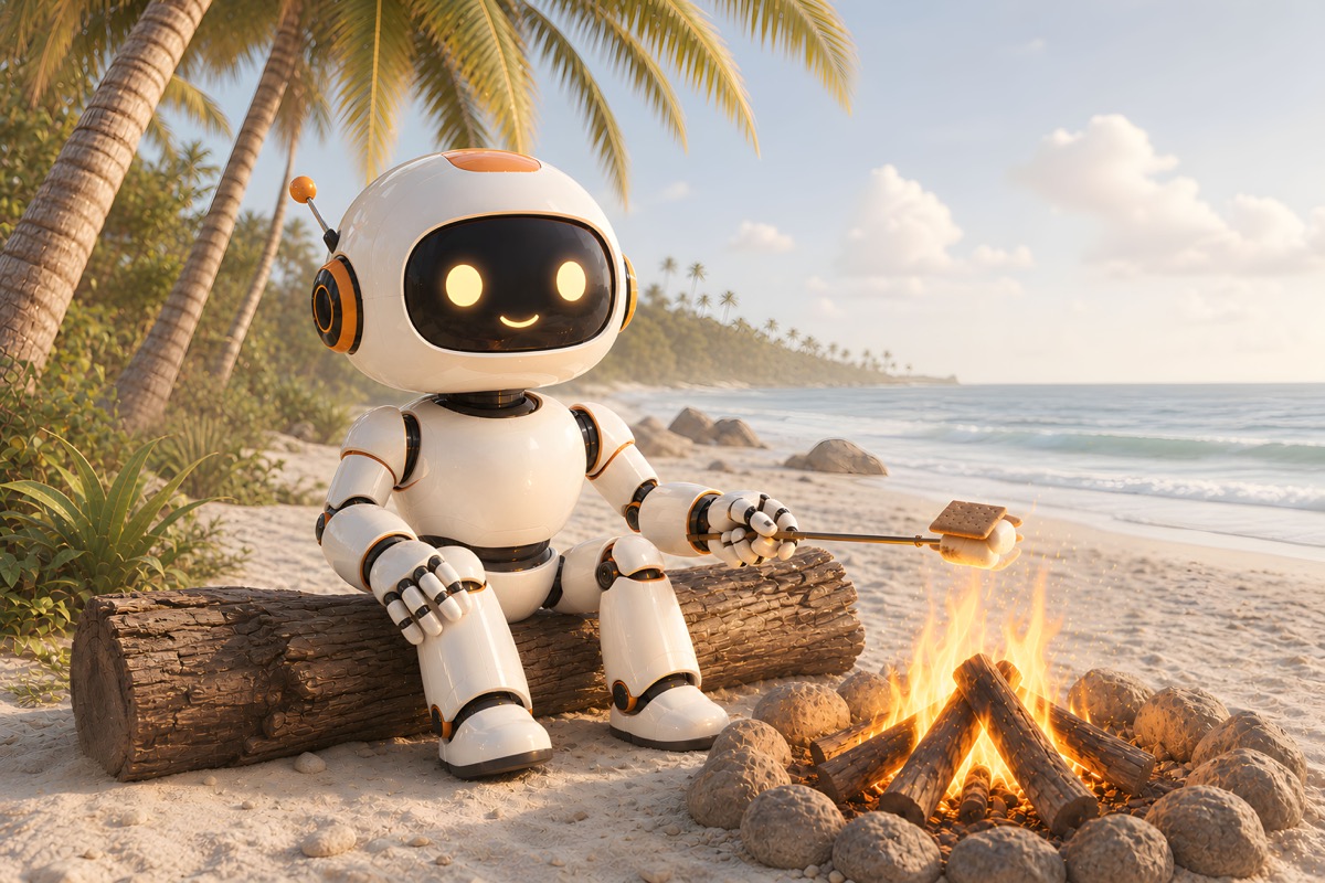 CodeBot roasting a marshmallow beside a beach campfire during the day wallpaper preview