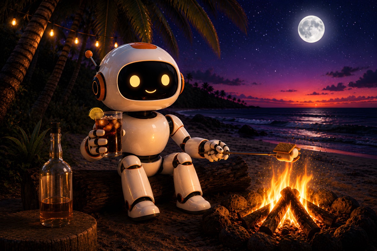 CodeBot beside a beach campfire under the moon at night wallpaper preview
