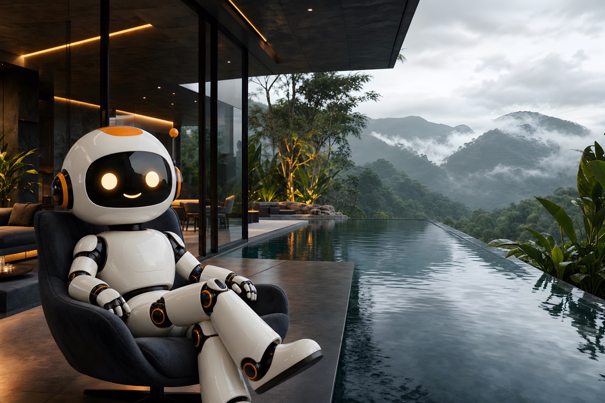 CodeBot lounging beside an infinity pool overlooking misty mountains wallpaper preview