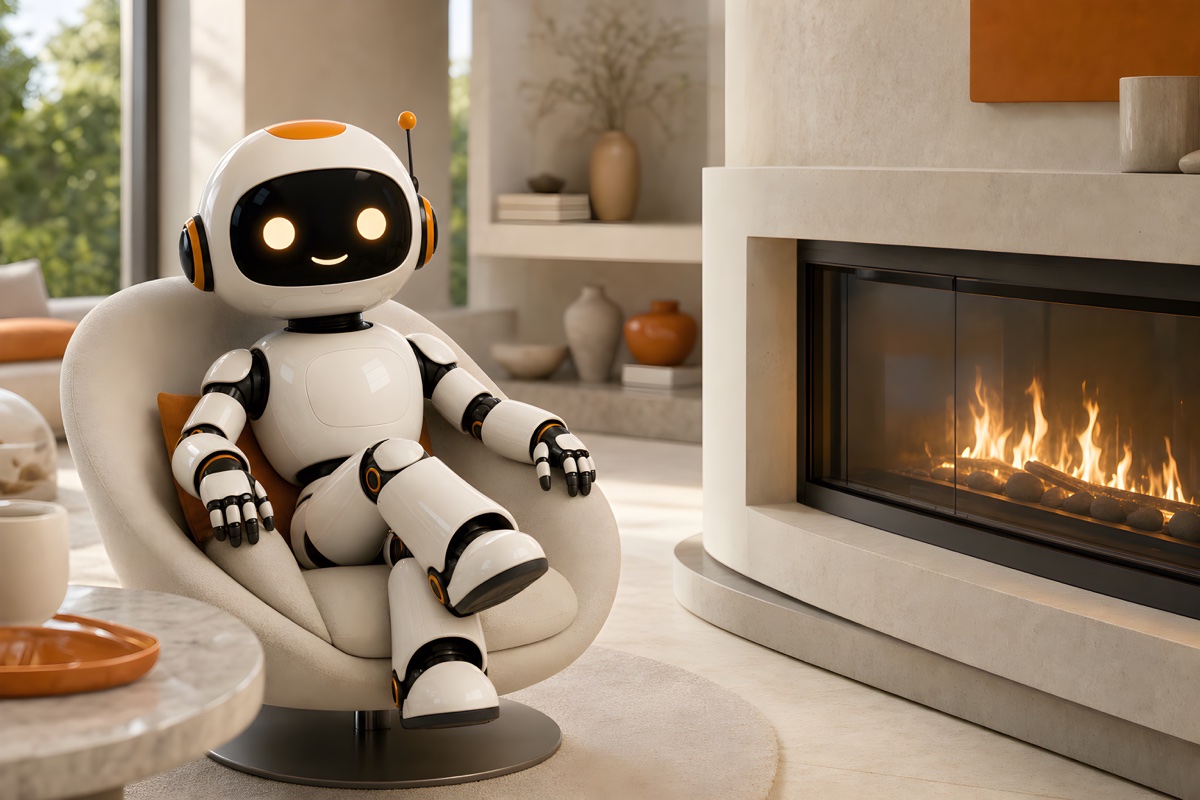 CodeBot relaxing beside a fireplace wallpaper preview