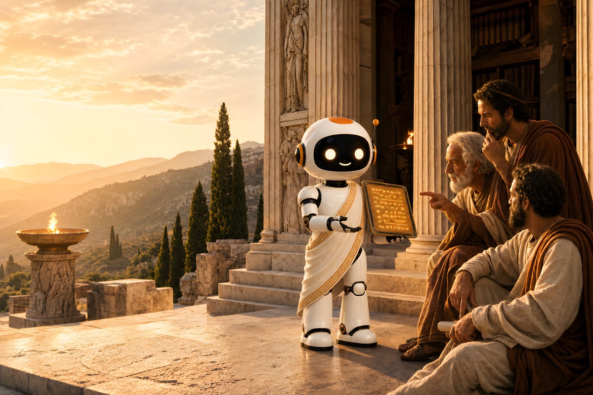 CodeBot presenting Delphi in a classical academy wallpaper preview