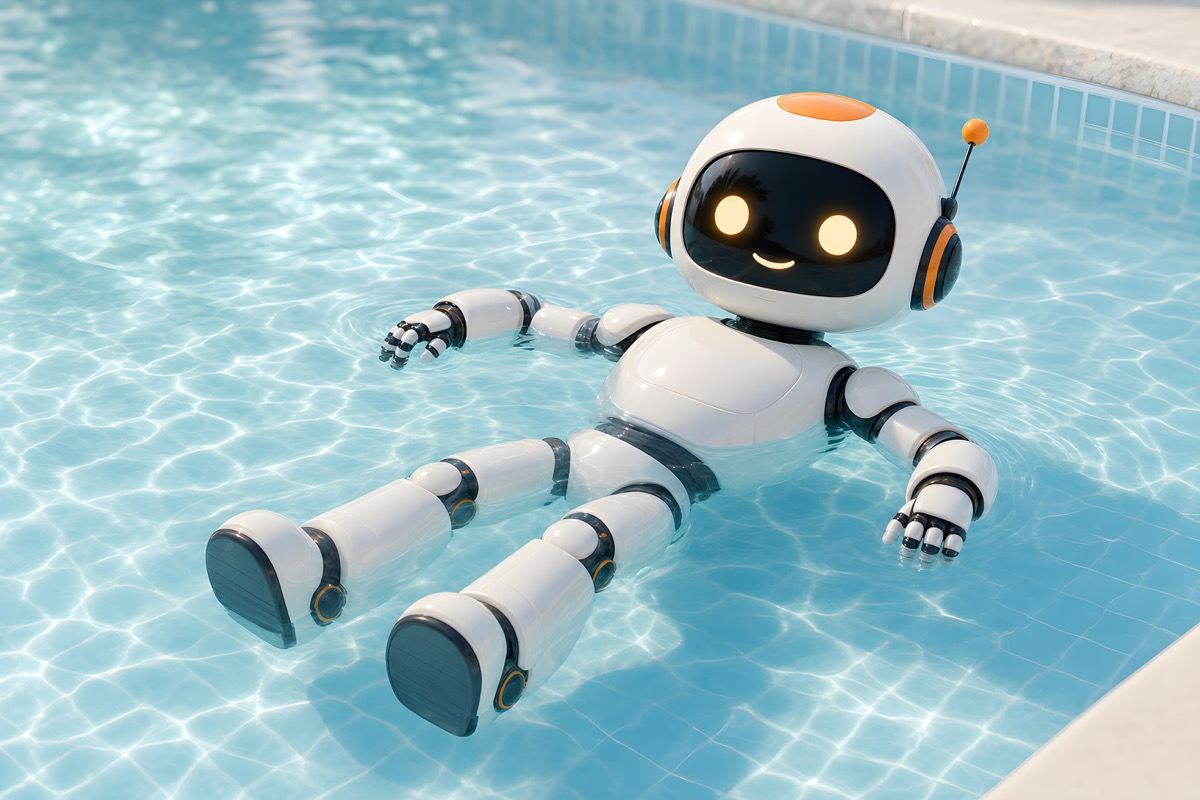 CodeBot relaxing in a swimming pool wallpaper preview