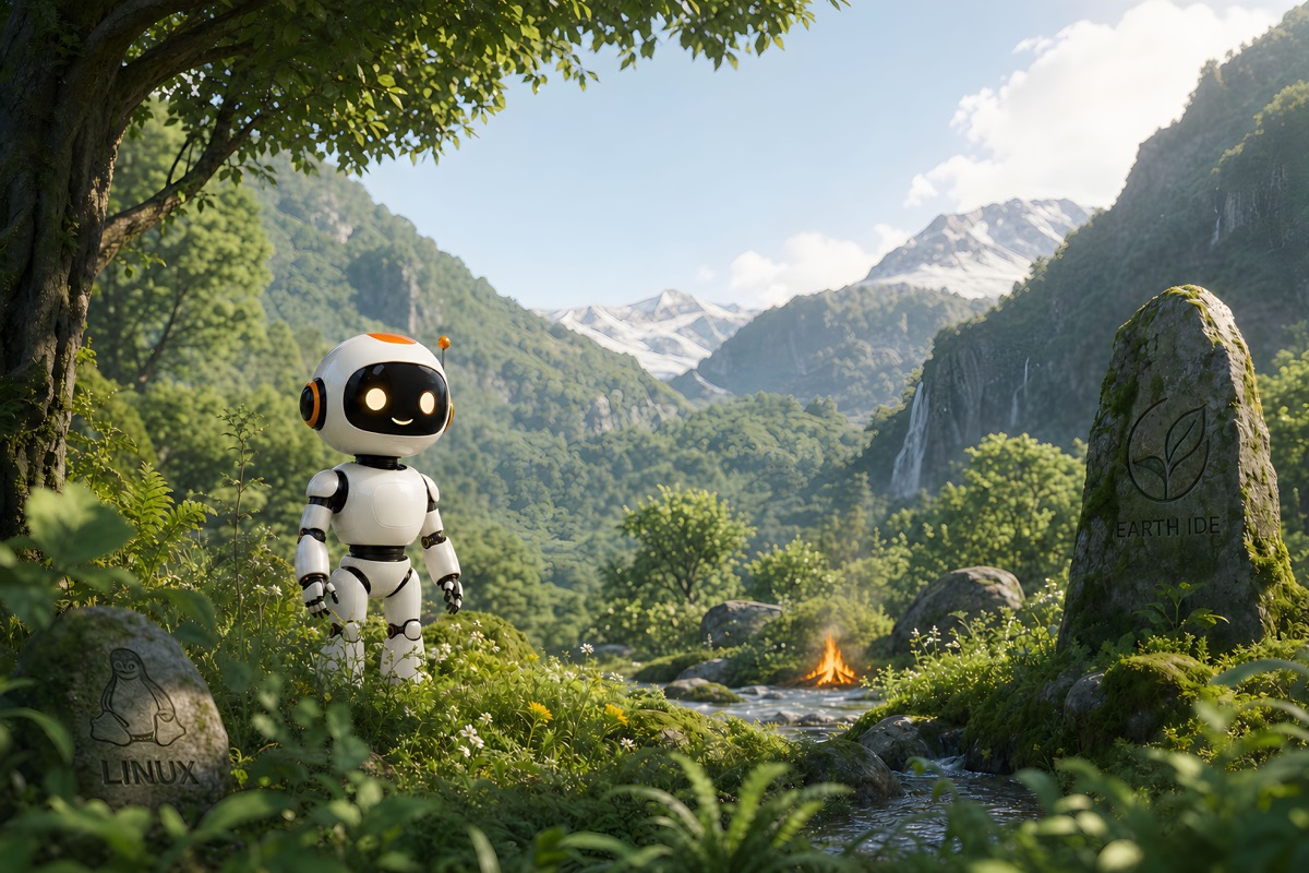 CodeBot arriving in a green mountain valley on Earth wallpaper preview
